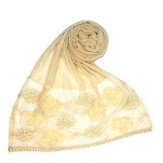 Embriodered round flower Hijab- Light Brown